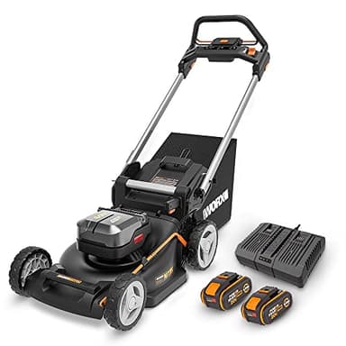 WORX NITRO - Tondeuse à gazon tractée Brushless sans fil 40V - 4Ah - WG749E - Ø46cm - Jusqu'à 500m² sur une charge (Coupe jusqu'aux bordures, livée avec 2 batteries et chargeur, sac de 55 L, mulching)