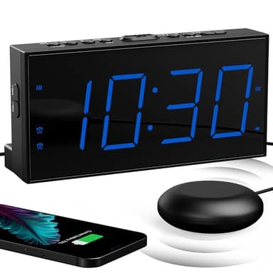 Réveil Extra Fort avec Secoueur de Lit, LED 7'' pour Sourd et Malentendant, Gros Dormeur, Double, Lumineux à 5 Niveaux, Snooze, Charger USB, Variateur d'Intensité, 12/24 H
