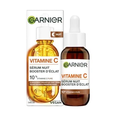 GARNIER Skin Active - Sérum Nuit Booster d’Éclat - Efficace Sur Taches Brunes & Rides - Illumine Le Teint - Vitamine C Pure, Acide Hyaluronique - Vegan & Cruelty Free - Tous Types de Peaux - 30 ml