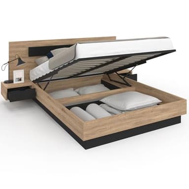 IDMarket - Lit Coffre Double Santa avec tête de lit + Tables de chevets intégrées et sommier 140 x 190 cm Bois et Noir