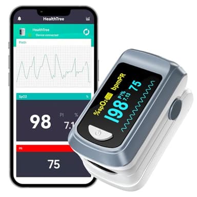 Oxymètre de pouls Bluetooth HealthTree, moniteur de saturation en oxygène du sang et moniteur de fréquence cardiaque pour Apple et Android, avec écran OLED inclus, 2 piles AAA et cordon