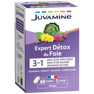 JUVAMINE - Expert Detox du Foie 3-en1 - Artichaut - Charbon Marie - Desmodium - Pissenlit - Detox et Drainage du Foie - Bien-être Hépatique - 60 Jours - Fabriqué en France