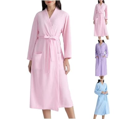 Peignoir De Bain Femme Coton Gaufré, Robe De Chambre Femme Longue Légère, Bathrobe A Nouer Albornoz Décontracté Couleur Unie Peignoir Long Leger Loungewear D'Intérieur Bathrobe Couleur Unie Pyjama
