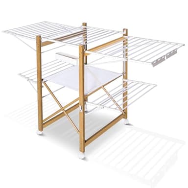 VOUNOT® Séchoir à Linge Deluxe Grande Capacité avec Roulettes et Maille Etendoir Extensible Pliable Multifonction Imitation Bois 30m de Séchage pour Usage Intérieur 180x105x61cm Blanc