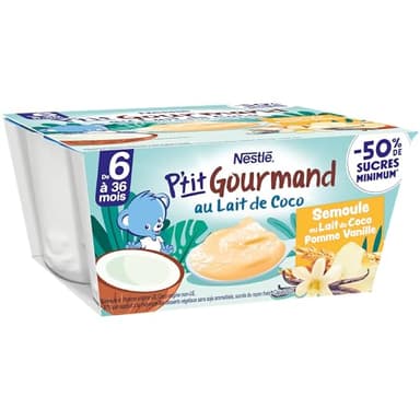 NESTLÉ BÉBÉ - P'TIT GOURMAND LAIT DE COCO, SEMOULE VANILLE DES 6 MOIS 4X90G