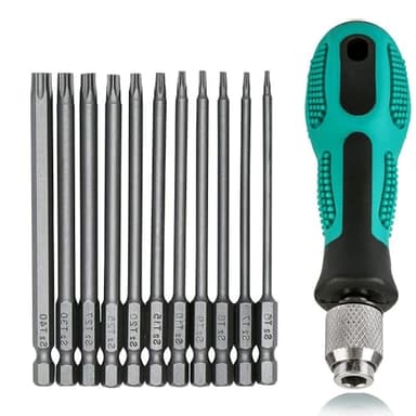 Lot de 12 tournevis Torx T6-T40 - Longueur : 75 mm - Magnétique - 1/4" - Avec trou S2 - En acier - Pour visseuse sans fil T20 T25