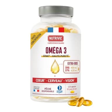 Oméga 3 EPAX - Huile de Poisson Ultra Pure et Concentrée - EPA 620 mg & DHA 450 mg - Sans odeur - 120 gélules - Fabriqué en France - Nutrivie