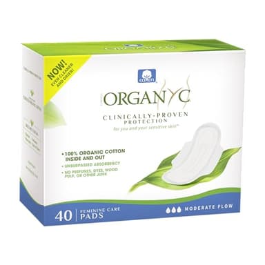 Organyc - Serviettes hygiéniques 100 % coton biologique certifié, 40 pièces, débit modéré, absorption régulière, emballage de grande taille