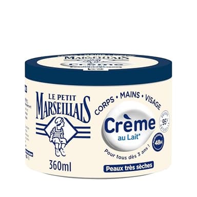 Le Petit Marseillais | Crème Hydratante Multi-Usage Lait (pot de 360 ml) – Crème corps, mains et visage pour les peaux très sèches – Soin hydratant 48h avec 95% d'ingrédients d'origine naturelle