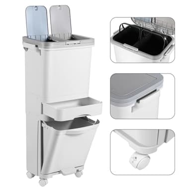ISOISL Poubelle de Tri Sélectif 42 L à 3 Compartiments Sec et Humide avec Couvercle et Pédale sur Roues pour Cuisine, Appartement, Bureau, Blanche