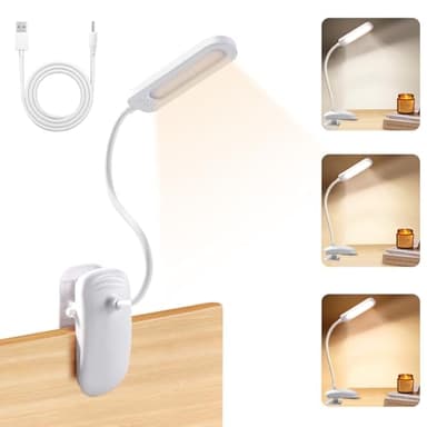 Diboniur Lampe de Bureau à Pince avec Adaptateur USB, Lampe de Lecture LED Rechargeable, 360° Flexible, 3 Couleur et Intensité Réglables pour Étude et Travail