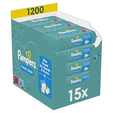 Pampers Fresh Clean, 1200 Lingettes pour Bébé (15x80), Sans Alcool, Aussi Pour Les Mains Et Le Visage
