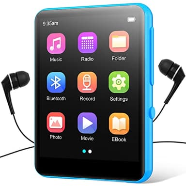 64Go Lecteur MP3 Bluetooth 5.0, 2.4" Ecran Tactile Complet, Haut-Parleur Intégré, Qualité Sonore HiFi, E-Book, Réveil, Radio FM, Enregistreur Vocal, Compris Les Écouteurs, Jusqu’à 128Go