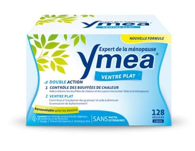 Ymea Ventre Plat - Complément Alimentaire ménopause1 - actifs végétaux, vitamines et minéraux - contrôle des bouffées de chaleur1 et ventre plat2,3-128 gélules - 2 mois