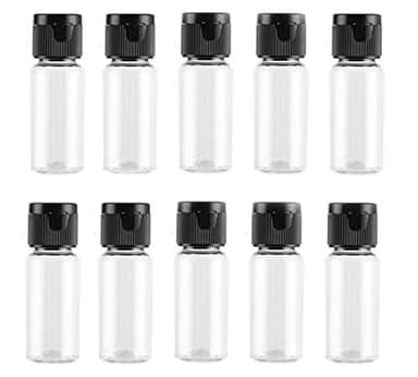 VASANA Lot de 20 flacons vides en plastique transparent de 15 ml avec bouchon à rabat noir pour échantillons de voyage, pour eau émolliente, gel douche, crème pour le visage, émulsion, claire, M