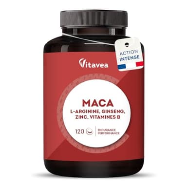 Booster Puissant Performances Masculines - Maca Ginseng - Vigueur, Energie, Endurance, Musculation - 6 Actifs Puissants - L-Arginine, Zinc, Vitamines B6 & B12-120 comprimés - 2 mois - Vitavea