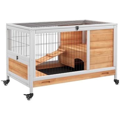 PawHut Clapier Lapin intérieur, Cage Lapin avec Toit ouvrant, roulettes, Plateau Amovible et Rampe, Cage à Lapin en Bois, 90 x 53 x 59 cm, Jaune et Blanc