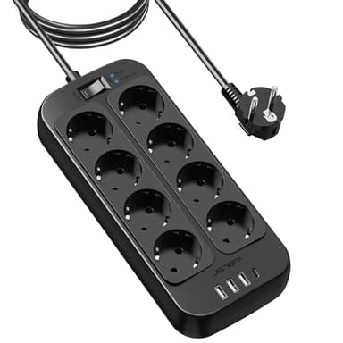 JSVER Multiprise 8 Prises avec 1 Port USB C,3 Port USB A (5V3,4A/17W) Parasurtenseur Parafoudre et Surtension avec Interrupteur Cordon 3M pour Smartphone Tablette-Noir