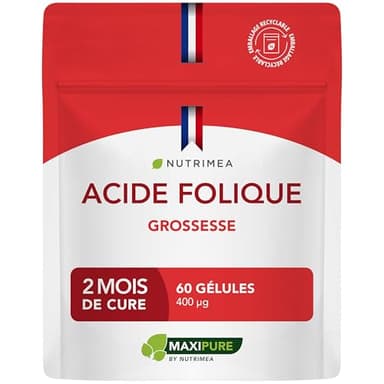 ACIDE FOLIQUE – Vitamine B9 – Assimilation Supérieure – Complément Pour Femme Enceinte – Réduit la Fatigue – 60 Gélules Vegan - Fabriqué en France - Nutrimea