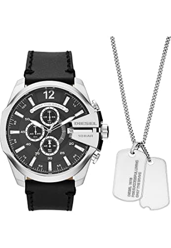 Diesel Montre pour homme Mega Chief, mouvement chronographe, boîtier en acier inoxydable argenté de 51 mm avec bracelet en cuir, DZ4559