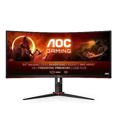 AOC Écran gaming incurvé ultrawide CU34G2 86 cm (34 pouces) (QHD, HDMI, DisplayPort, FreeSync, temps de réponse de 1 ms, 100 Hz, 3440x1440) noir/rouge