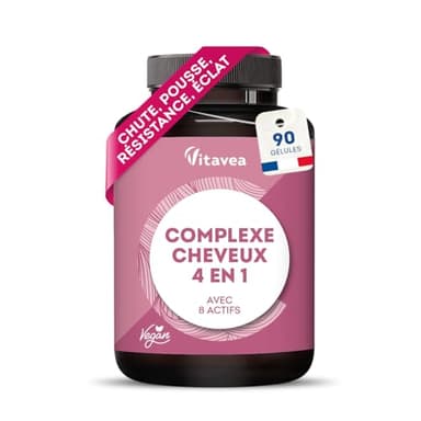 Complexe Cheveux 4en1 avec Biotine - Pousse de Cheveux, Chute de Cheveux, Brillance, Force - 8 Actifs dont Zinc et Roquette - 90 gélules - Vegan, Fabriqué en France - Vitavea