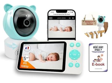Beylatann 2K 5" LCD-IPS Babyphone Camera WiFi VOX Enregistrement Carte SD/Cloud Vision Nocturne Détection Mouvements/Pleurs Berceuses Pan-Tilt 360° | Bebe Surveillance Baby Phone + Support Offert |