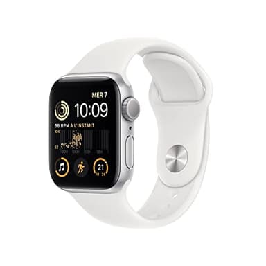 Apple Watch SE (2ᵉ génération) (GPS, 40mm) Montre connectée - Boîtier en Aluminium Argent, Bracelet Sport Blanc - Regular. Suivi de la Forme Physique et du Sommeil, détection des Accidents