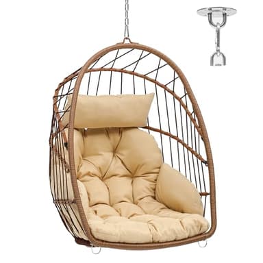 YITAHOME Fauteuil Oeuf Suspendu Charge Max. 150 kg Oeuf Suspendu Exterieur Jardin avec 2 Coussins, Cadre Robuste en Rotin, 105x74x72 cm Fauteuil Suspendu avec une Chaîne pour Intérieur, Marron & Beige
