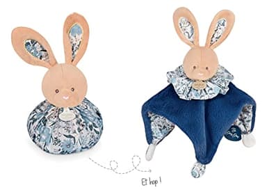 Doudou et Compagnie - Peluche Boule Lapin - 3 en 1 : 1 Doudou,1 Peluche , 1 Boule d'Eveil - 25 cm - Bleu/Blanc - Doux pour les Câlins - Idée Cadeau Naissance - Garantie Doudou Perdu - DC3936
