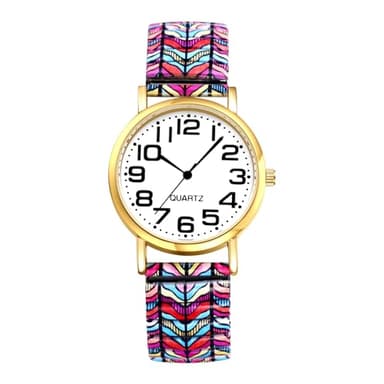 JewelryWe Montre Femme Bohème Extensible: Bracelet Montre Femme Élastique Fantaisie en Acier Inoxydable Imprimé Coloré, Grand Chiffres Arabes Facile à Lire - Cadeau Anniversaire ou Fête des Mères