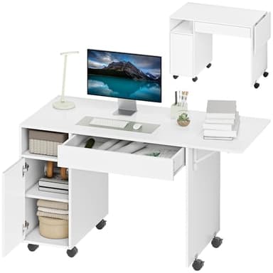 HOMCOM Bureau d'ordinateur sur roulettes avec Plateau Pliable, 130 x 58 cm, Table Informatique, tiroir, Placard, Compartiment et étagère réglable, Poste de Travail pour Petits espaces, Salon, Blanc