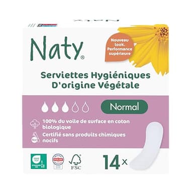 Naty Serviettes hygiéniques Normal sans ailettes | Voile supérieur 100% en coton bio certifié| Sûres pour la peau | Sans parfum ni plastique conventionnel | Protections absorbantes | 14 serviettes