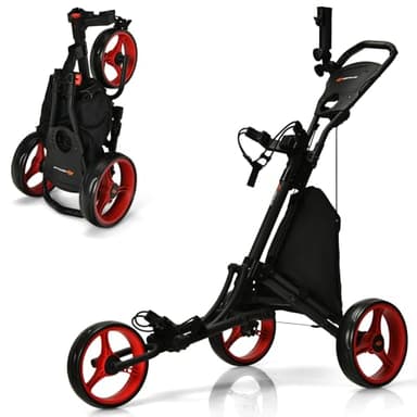 GYMAX Chariot de Golf à 3 Roues, Caddie de Golf Pliable Manuel, Poignée Réglable, Cadre Robuste en Aluminium, Tableau d'Affichage, Porte-Parapluie, Porte-Sac, Porte-Boisson (Rouge)