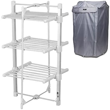 GlamHaus Séchoir à Linge électrique Chauffant en Aluminium avec Housse pour intérieur – Se replie à Plat pour Un Rangement Facile – Design à 3 Niveaux – Seulement 220 W