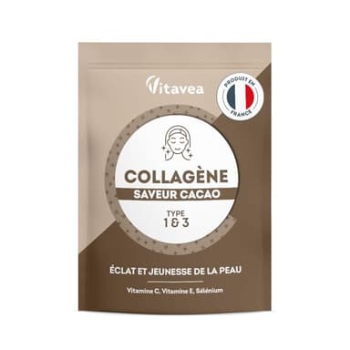 Collagène Marin Poudre Saveur Cacao - 5000mg par jour - Peptides Hydrolysés Types 1&3 - 2000 Da - Eclat & Jeunesse de la Peau - Hautement biodisponible - Fabriqué en France - Vitavea