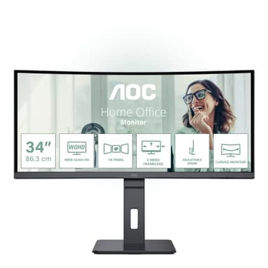 AOC CU34P3CV - Écran incurvé WQHD 34 pouces, réglable en hauteur, haut-parleurs (3440x1440, 100 Hz, HDMI, DisplayPort, USB-C (65W PD), RJ45, hub USB) noir