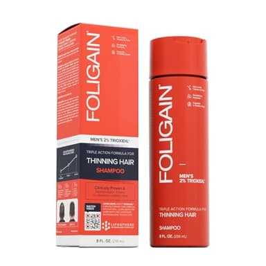 FOLIGAIN Shampoing ANTI CHUTE DE CHEVEUX et CALVITIE pour Homme | Contient 2% TRIOXIDIL | Soin cheveux fins et fragiles - Renforce et Densifie les cheveux | Stimule la REPOUSSE rapide - Sans sulfate