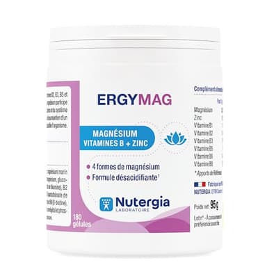 Nutergia – Magnésium, vitamines B et Zinc – Fatigue physique – 4 Sels de magnésium – formule désacidifiante – Complément alimentaire – 180 Gélules – Fabrication Française