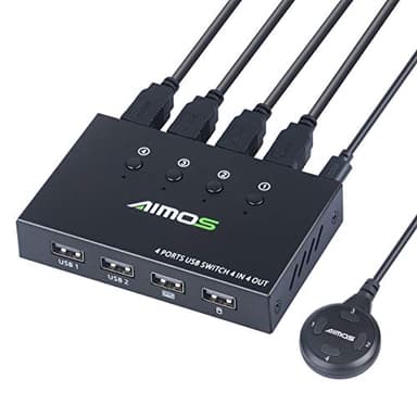 AIMOS USB 2.0 Switch, 4 Entrées 4 Sorties USB Commutateur pour 4 PC Partager Imprimante Clavier Souris Clé USB Disque Dur Externe Scanner, avec 4 USB Câbles