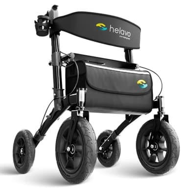 Helavo déambulateur pour l'extérieur avec pneus à air - Rollator pliable en aluminium pour l'extérieur avec siège - Mobilité et confort maximum à l'extérieur