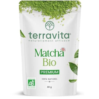 Thé Matcha BIO 80g | Grade Premium Japonais | Faible Amertume | Récolté à la Main au Japon (Shizuoka) | Poudre de Thé Vert Matcha Antioxydant | Pureté Exceptionnelle | Sachet Refermable | Terravita