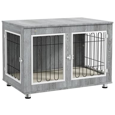 PawHut Cage pour Chien Meuble Cage Chien intérieur Table d'appoint Multi-usages avec Double Porte et Coussin - Niche pour Chien Moyenne et Grande Taille - 90 x 58 x 65 cm, Aspect Gris
