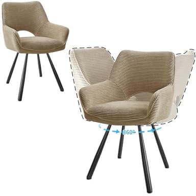 JIJIAN Lot de 2 Chaises de Salle à Manger Pivotantes avec Accoudoirs, Rotation à 360°, Chaises de Cuisine, Chaises Modernes Rembourrées avec Dossier en Tissu, Marron