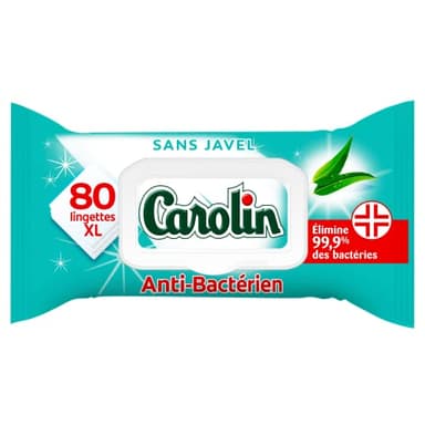 Carolin Lingettes Anti-Bactériennes à l'Huile Essentielle d'Eucalyptus, Sans Javel x80