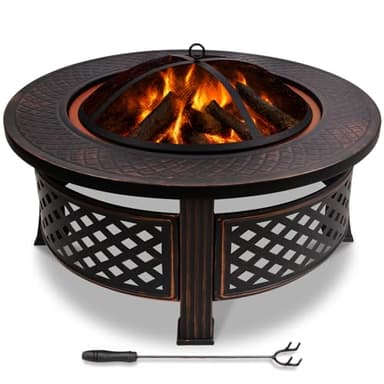 VOUNOT® Brasero Extérieur Ø81cm en Métal avec Pare Étincelles Couvercle et Tisonnier Chauffage de Jardin Terrasse Foyer Rond Noir