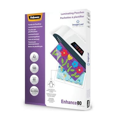 Fellowes Pochette De Plastification 80 Microns Format A3 Pack de 100 Feuilles Plastifieuse A3 Finition Brillante Aspect Haute Qualité Technologie ImageLast Pour Photos Et Notices Enhance 80