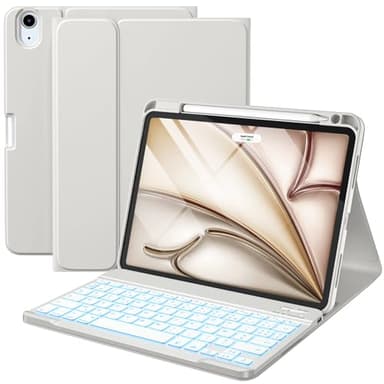 Vobafe Clavier pour iPad Air 11 Pouces M3 2025/M2 2024, iPad Air 10.9 Pouces 2022 5/4ème 2020, Détachable Keyboard 7 Couleurs Rétroéclairées avec Porte Crayon, AZERTY Layout Coque Clavier, Gris Clair