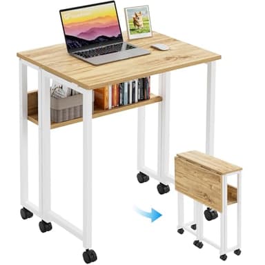 GreenForest Petite Bureau Pliable Portable à roulettes, 63×50cm Bureau Pliant avec Rangement, Bureaux d’ Ordinateur pour Petit Espace et postes de Travail Assemblage Facile Bureau Pliante, Beige