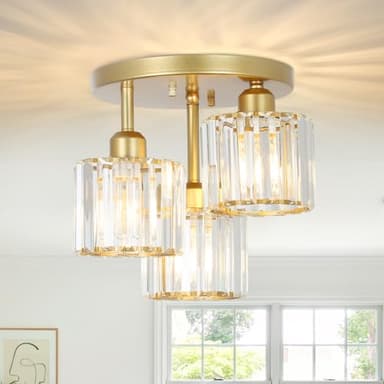 Rayofly Lustre moderne en cristal à 3 ampoules avec abat-jour en verre - Plafonnier moderne pour salon, chambre à coucher, cuisine, couloir, salle de bain - Doré mat